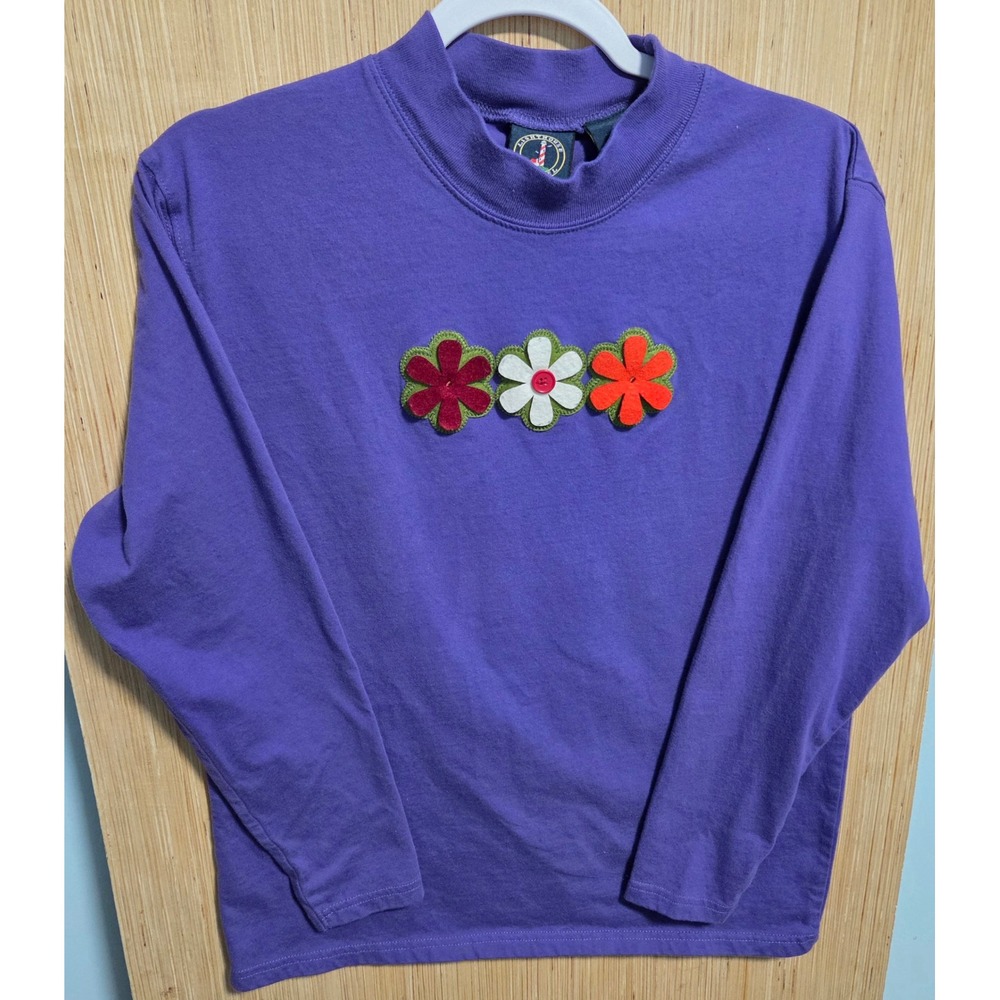 Lighthouse Apparel Sz L Purple Mock Neck Long Sleeve Shirt Floral Appliqu Cotton
